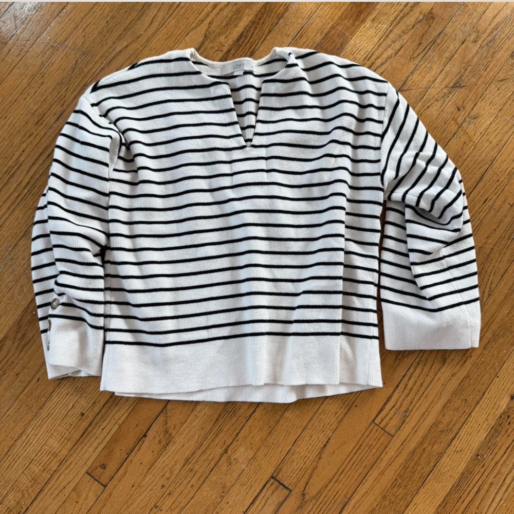 LOFT Black and White Striped Crew Neck Sweater